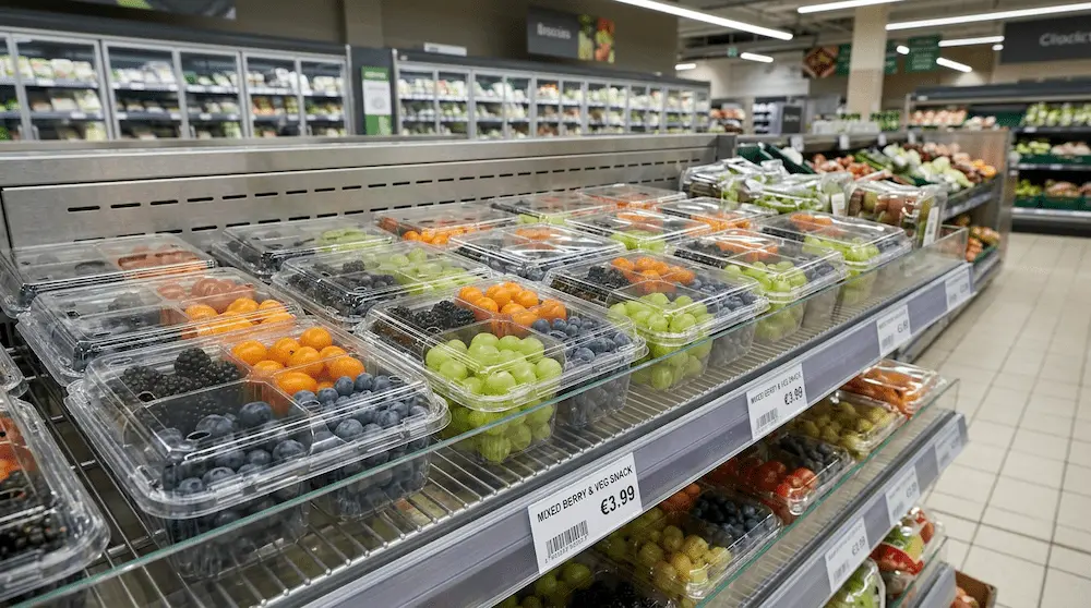 Clear 4 compartment PET clamshell container for mixed berries and grapes in a grocery produce shelf