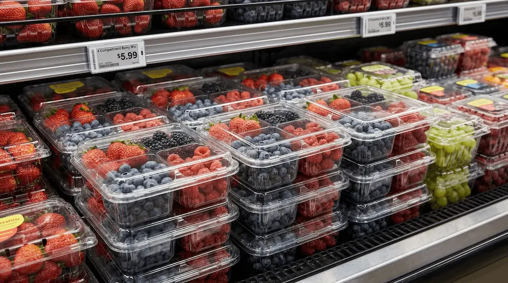 Clear 4 compartment PET clamshell container for strawberries, blueberries, blackberries, and raspberries