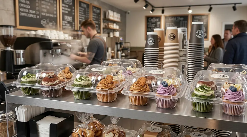 clear 4-count muffin container for coffee shop bakery display and takeaway dessert packaging