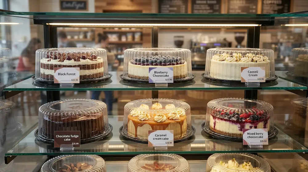 Clear 9 inch round cake containers with low dome lids for cheesecake and layered cakes in a bakery display case
