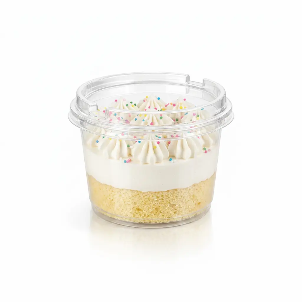 clear-dessert-container-birthday-cake-pet-rpet-anti-fog-lid Clear dessert container with PET/RPET anti-fog lid, filled with birthday cake and colorful sprinkles for bakery dessert packaging.