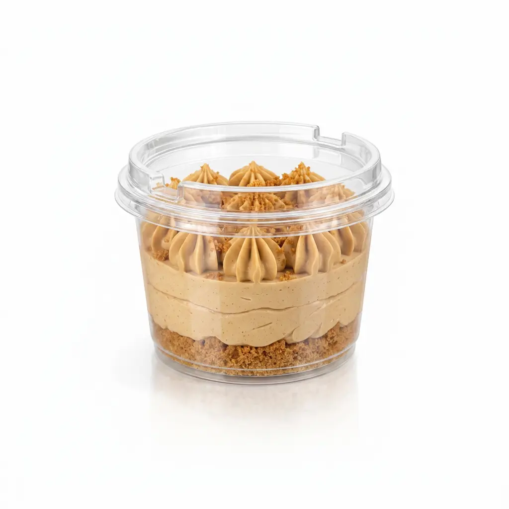 clear-dessert-container-biscoff-caramel-cookie-cake Clear dessert container with PET/RPET anti-fog lid, filled with Biscoff caramel cookie cake for chilled bakery packaging.