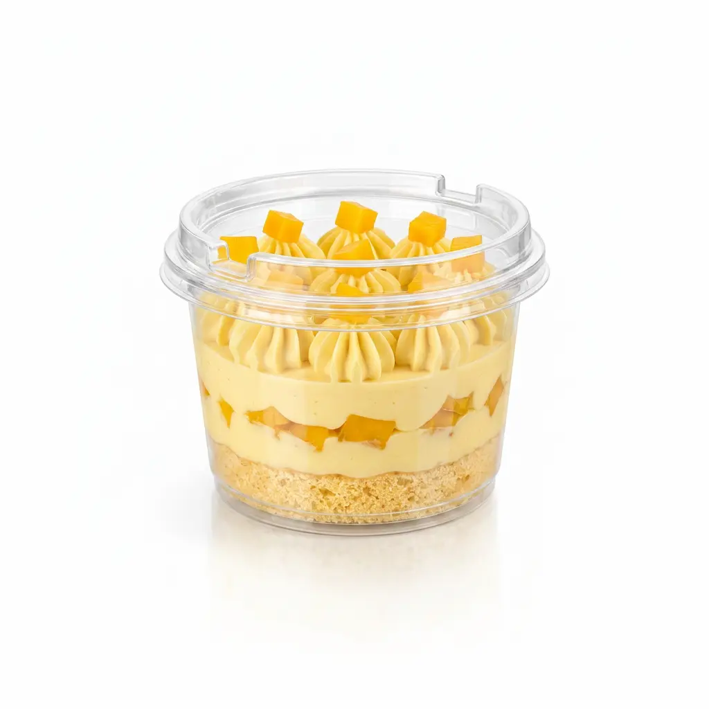 clear-dessert-container-mango-cream-cheese-cake-pet-rpet-lid Clear dessert container with PET/RPET anti-fog lid, packed with mango cream cheese cake for bakery and takeaway dessert packaging.