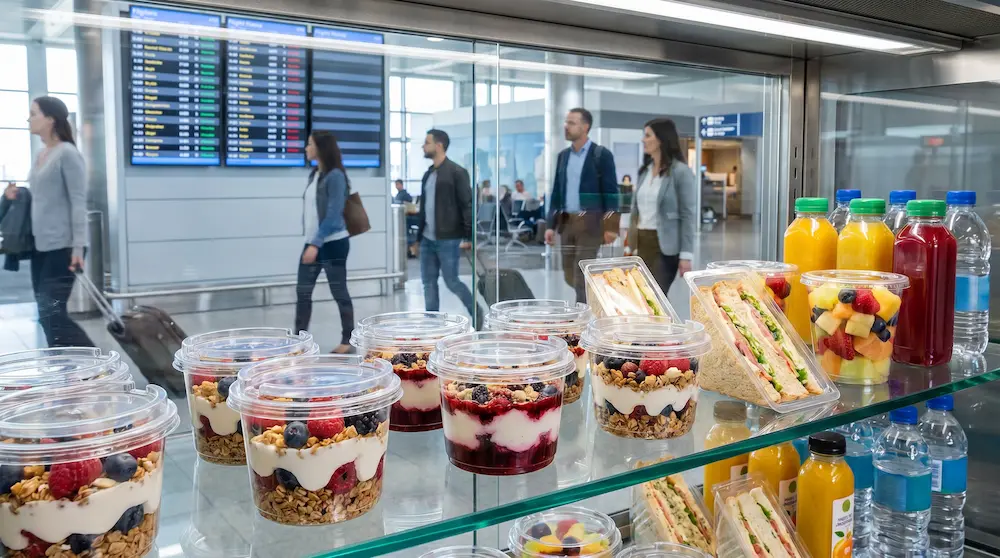 Clear dessert containers with PET/RPET anti-fog lids displayed in an airport grab-and-go refrigerated case