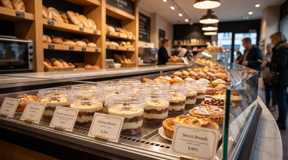 Clear dessert containers with PET/RPET anti-fog lids displayed in an artisan bakery with breads and chilled desserts