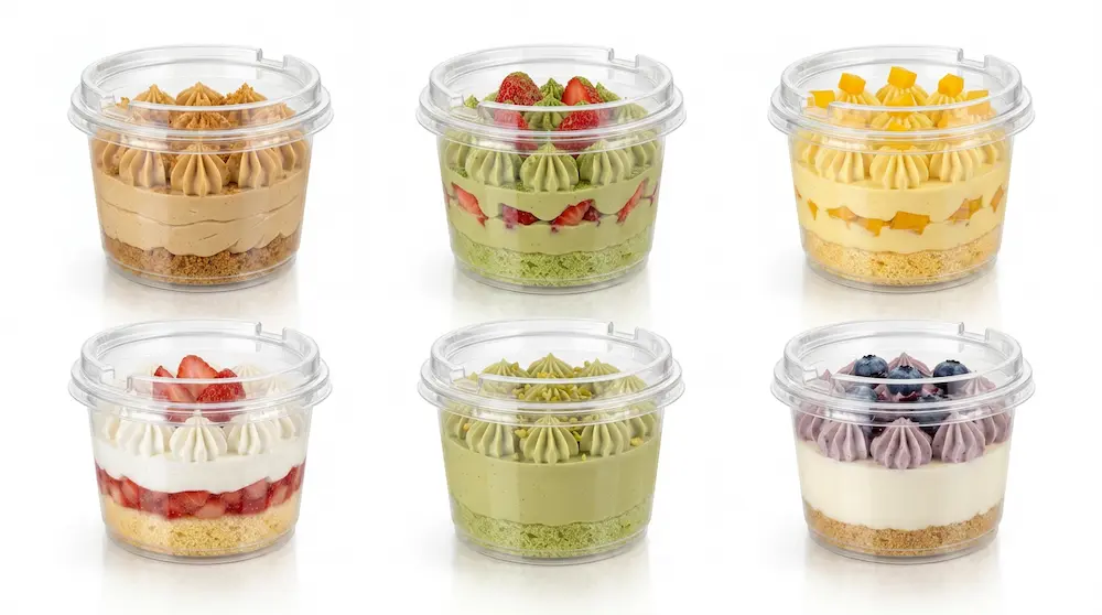 Six clear dessert containers with PET/RPET anti-fog lids filled with caramel, strawberry matcha, mango, strawberry cream, pistachio, and blueberry desserts.