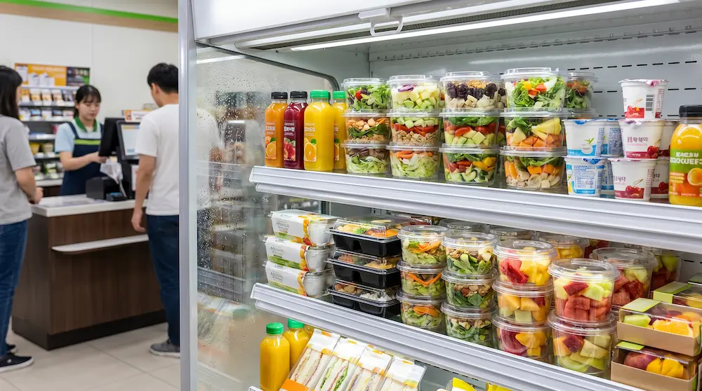 Clear dessert containers with PET/RPET anti-fog lids in a convenience store refrigerated display with salads, fruit cups, and drinks