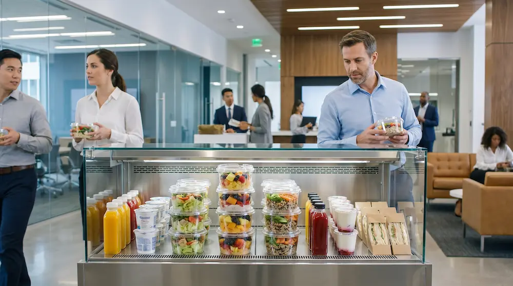 Clear dessert containers with PET/RPET anti-fog lids in an office lobby grab-and-go refrigerated display