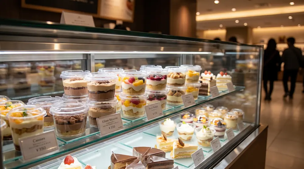 Clear dessert containers with PET/RPET anti-fog lids displayed in a premium refrigerated dessert showcase