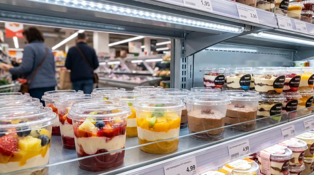 Clear dessert containers with PET/RPET anti-fog lids displayed on a supermarket chilled shelf with fruit desserts and pudding cups
