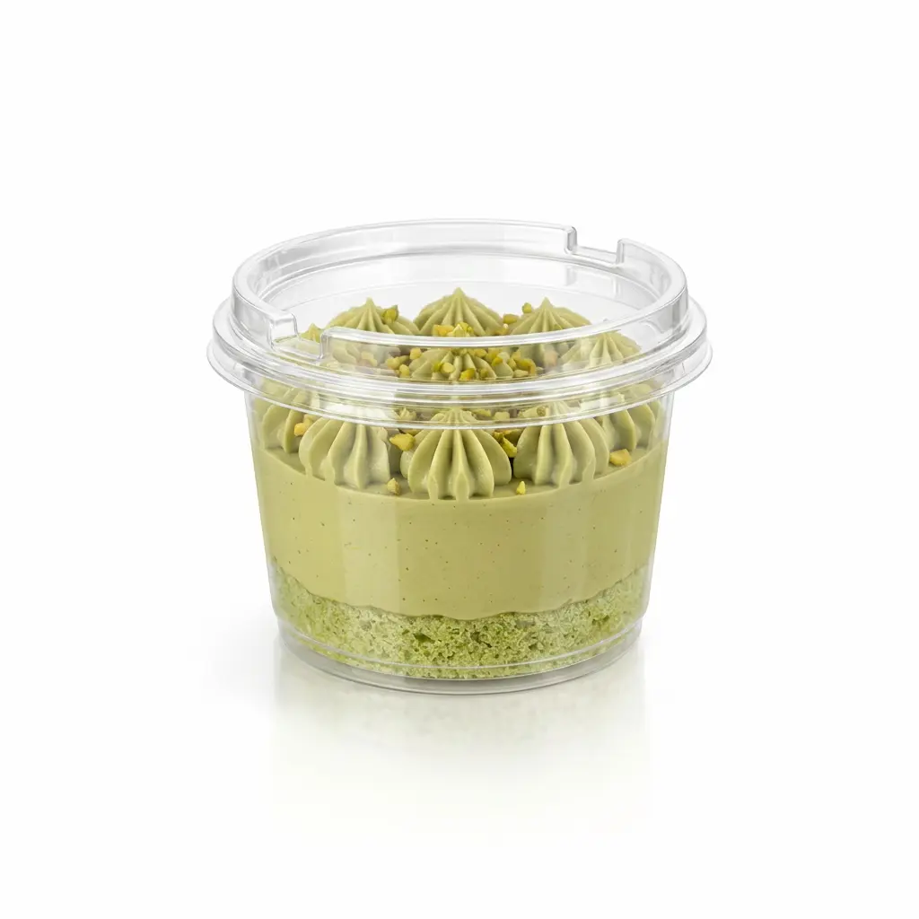 clear-dessert-container-pistachio-cream-cake-pet-rpet-anti-fog-lid Clear dessert container with PET/RPET anti-fog lid, filled with pistachio cream cake for bakery takeaway and chilled dessert packaging.