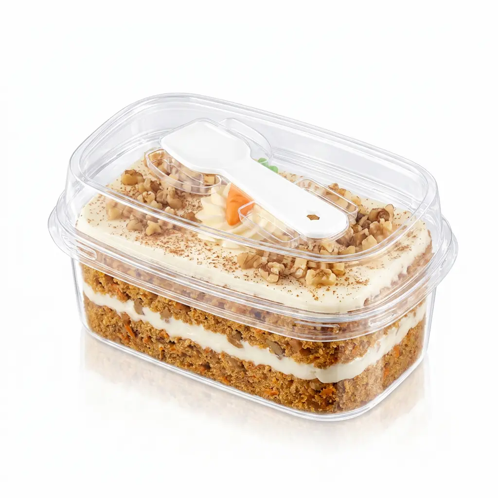Clear high-lid PET cake box with spoon lid for carrot walnut cake