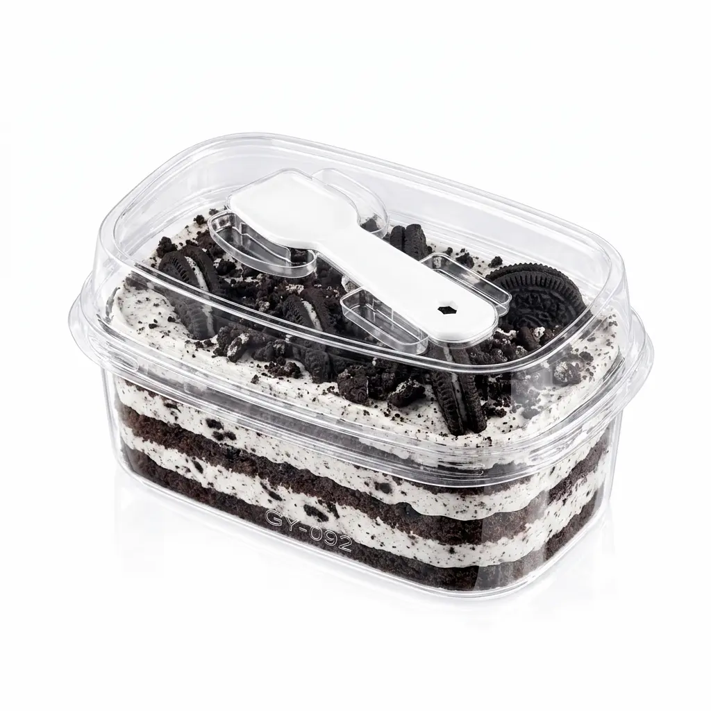 clear-high-lid-pet-dessert-box-cookies-cream-cake Clear high-lid PET dessert box with integrated spoon for cookies and cream cake