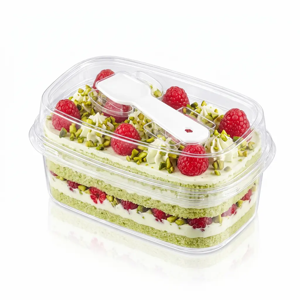 clear-high-lid-pet-dessert-box-pistachio-raspberry-cake Clear high-lid PET dessert box with spoon lid for pistachio raspberry cake