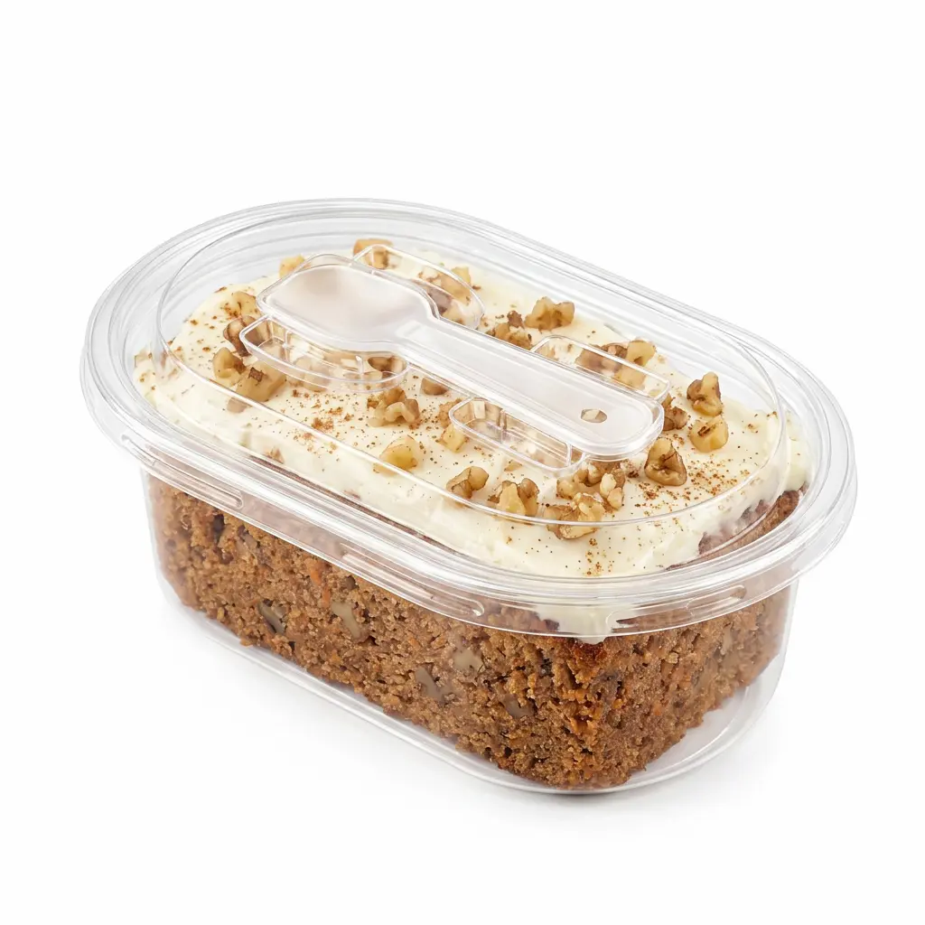 clear-oval-pet-cake-container-carrot-cake Clear oval PET cake container with spoon lid for carrot cake packaging