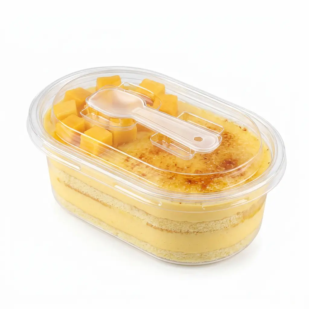 clear-oval-pet-cake-container-mango-creme-brulee-cake Clear oval PET cake container with spoon lid for mango crème brûlée cake