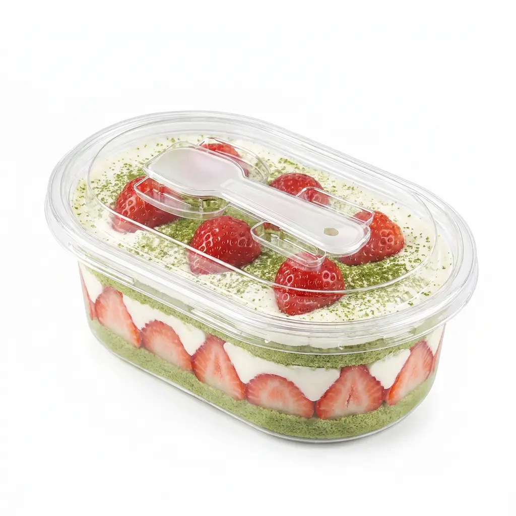 clear-oval-pet-cake-container-matcha-strawberry-cake Clear oval PET cake container with spoon lid for matcha strawberry cake