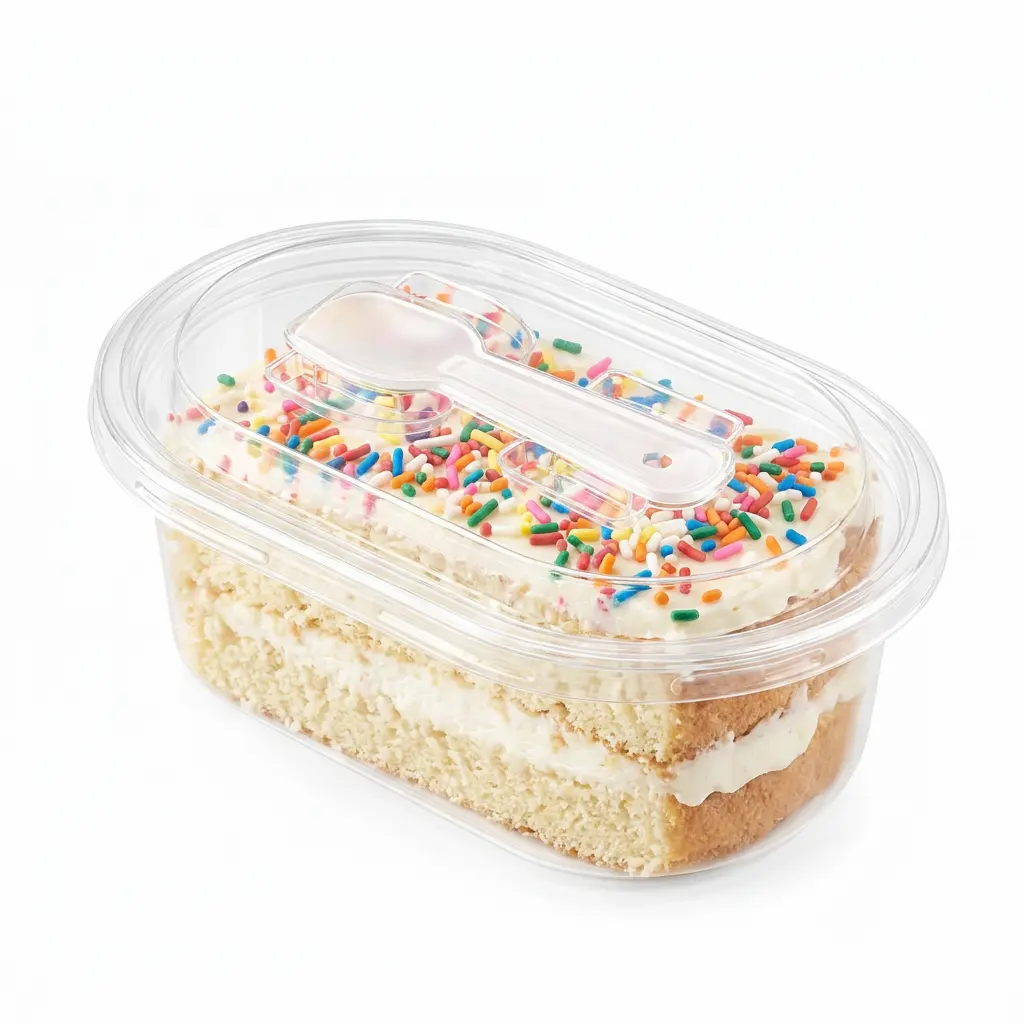 clear-oval-pet-cake-container-sprinkle-cream-cake Clear oval PET cake container with spoon lid for sprinkle cream cake packaging