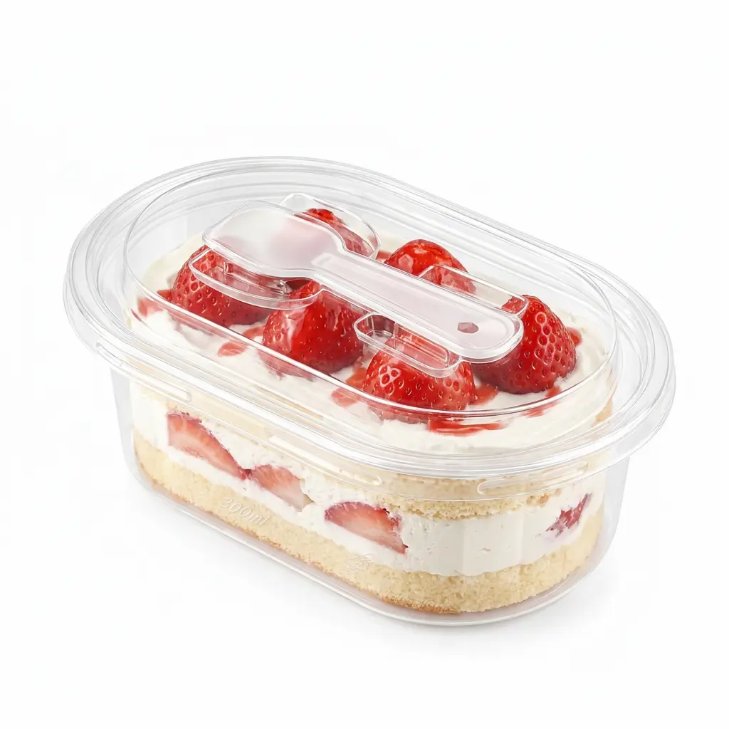 clear-oval-pet-cake-container-strawberry-cream-cake Clear oval PET cake container with spoon lid for strawberry cream cake