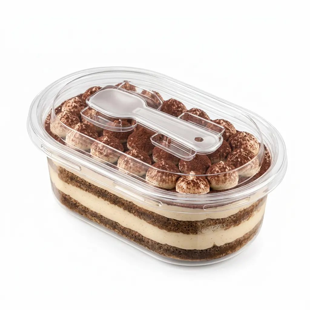 clear-oval-pet-cake-container-tiramisu-dessert Clear oval PET cake container with spoon lid for tiramisu dessert packaging