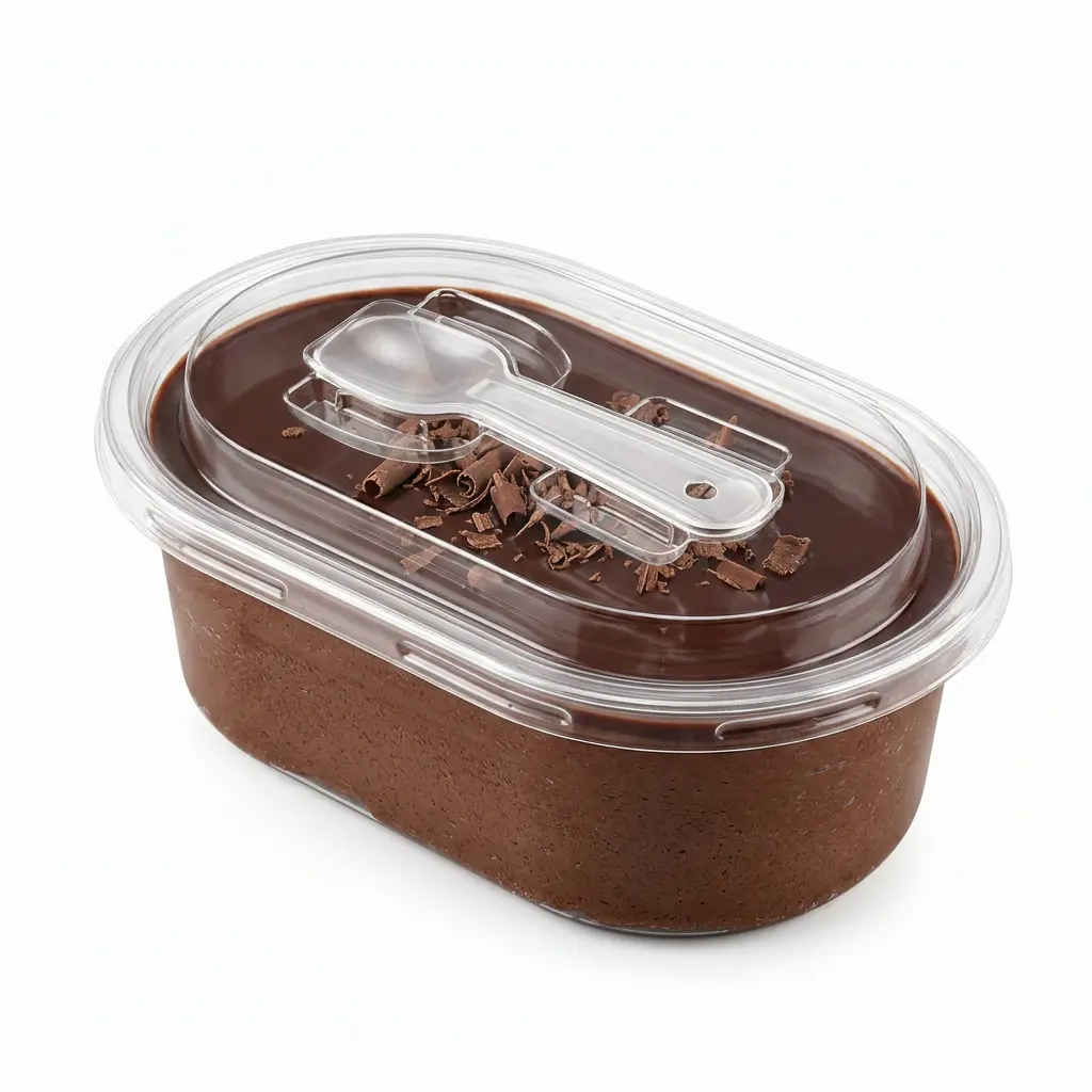 clear-oval-pet-dessert-container-chocolate-mousse-cake Clear oval PET dessert container with spoon lid for chocolate mousse cake