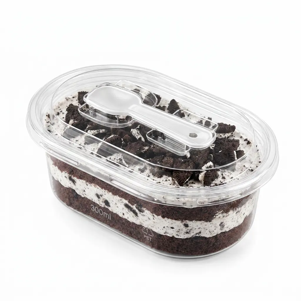 Clear oval PET dessert container with spoon lid for cookies and cream cake