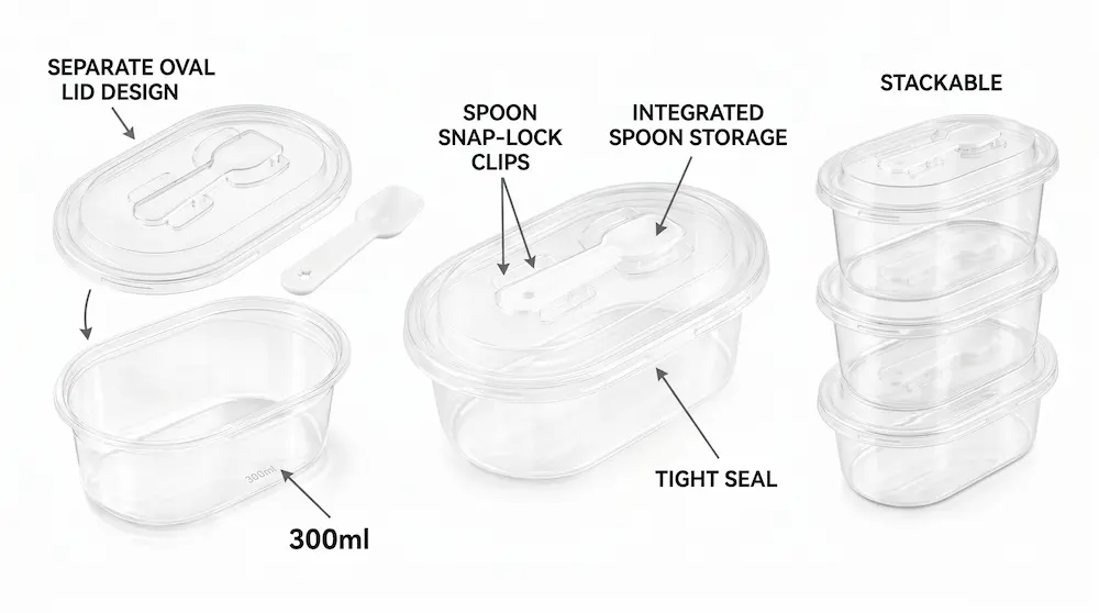 Clear oval PET dessert container with separate lid integrated spoon storage tight seal and stackable design