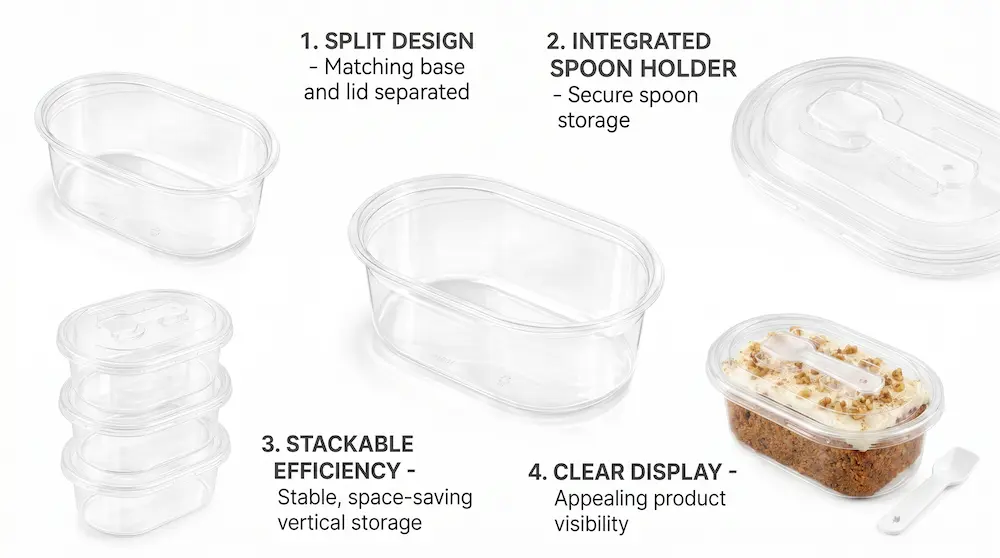 Clear oval PET dessert container functional design with split lid spoon holder and stackable structure
