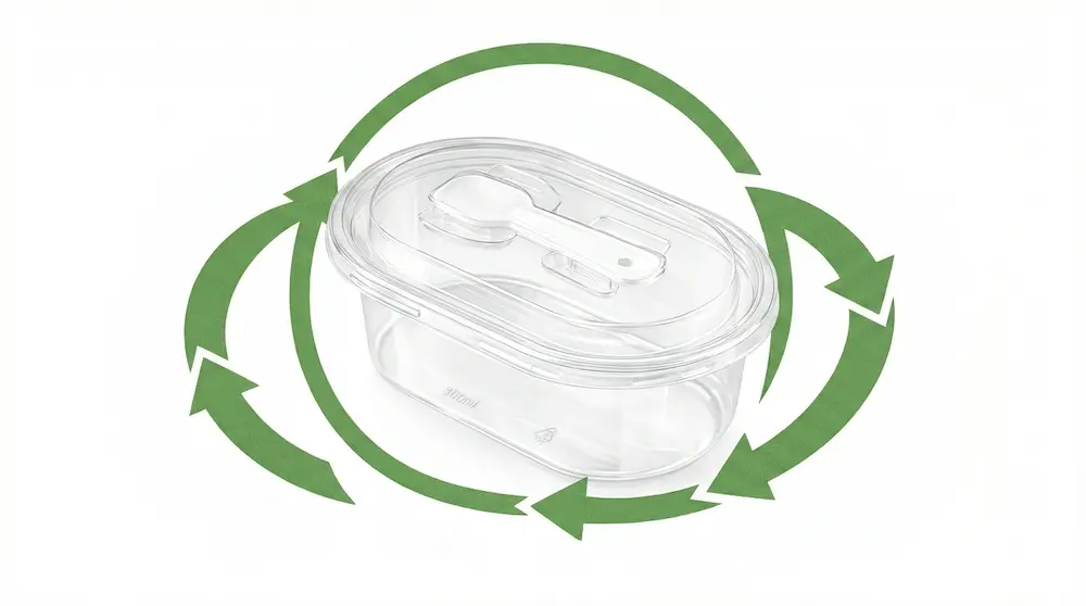 Clear oval PET dessert container with integrated spoon lid and green recycling arrows