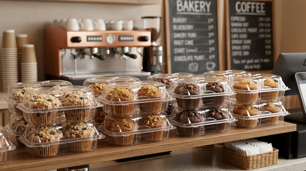 Clear PET 2-count cupcake containers on a coffee shop grab-and-go bakery shelf