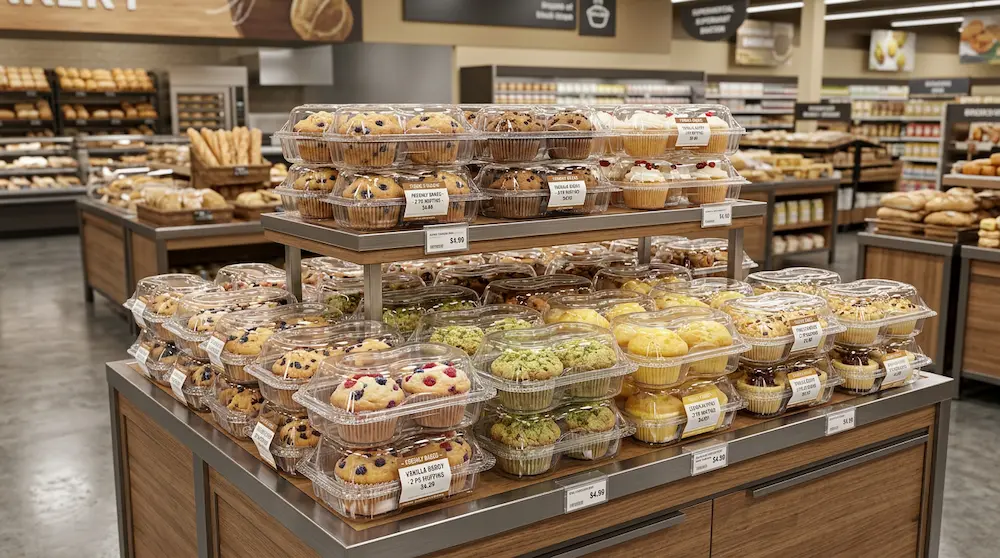 Clear PET 2-count cupcake containers stacked on a high-volume supermarket bakery island