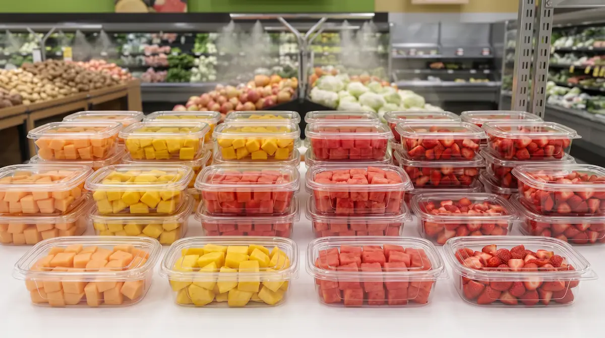 17OZ 500ML clear PET single-compartment containers for fresh-cut fruit cubes in supermarket refrigerated display