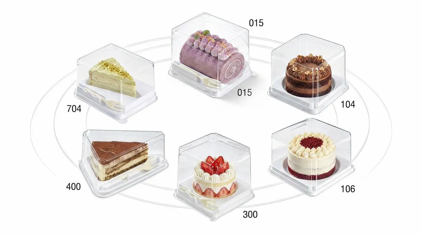 Clear PET cake containers with fork series for mini cakes, roll cakes, sliced cakes, and round dessert packaging