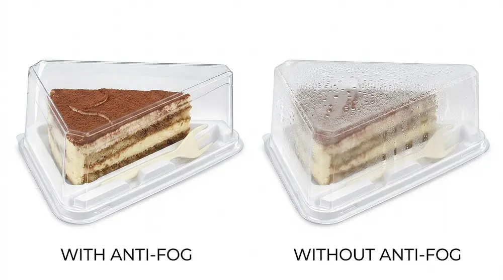 Clear PET Cake Slice Container with Fork GLD-400 anti-fog comparison for dessert display