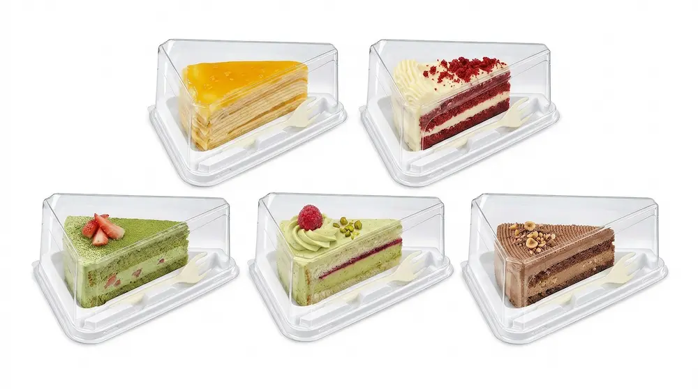 Clear PET Cake Slice Container with Fork GLD-400 assorted cake slice display