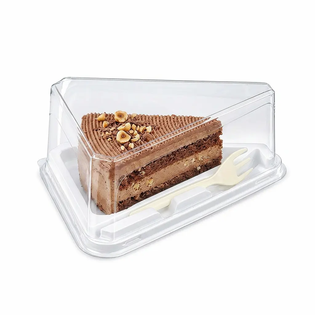 Clear PET Cake Slice Container with Fork GLD-400 for chocolate hazelnut mousse cake