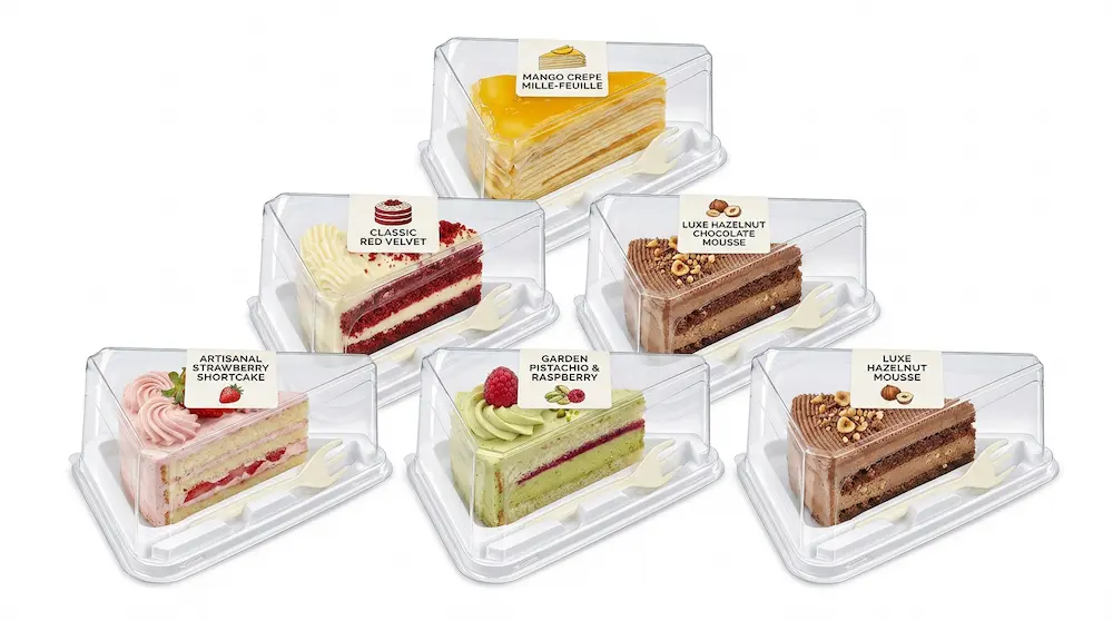 Clear PET Cake Slice Container with Fork GLD-400 labeled dessert assortment