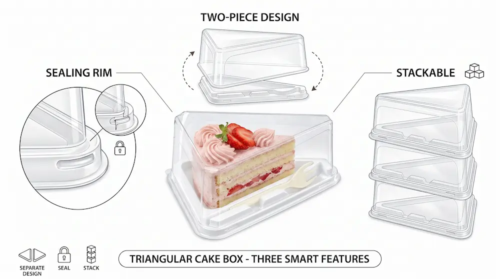 Clear PET Cake Slice Container with Fork GLD-400 three smart features