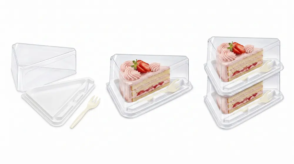 Clear PET Cake Slice Container with Fork GLD-400 two-piece sealing and stackable design