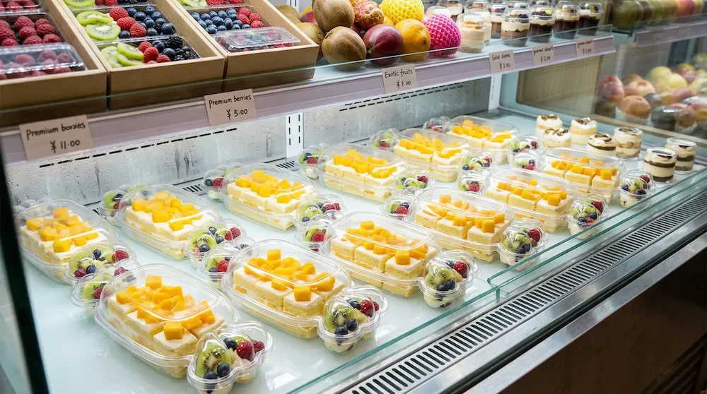 Clear PET candy shape dessert box with lid for mango cake and fresh fruit in a chilled display