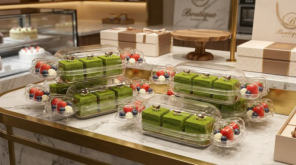 Clear PET candy shape dessert container with lid for matcha cakes and berry sides in a boutique cake shop