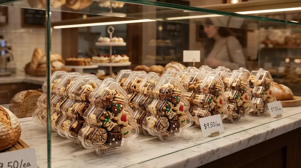 Clear PET Christmas tree candy boxes displayed in a premium bakery case with assorted holiday cookies
