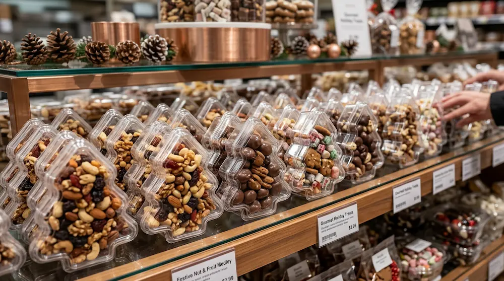 Clear PET Christmas tree candy boxes filled with nuts, chocolates, and festive snack mixes