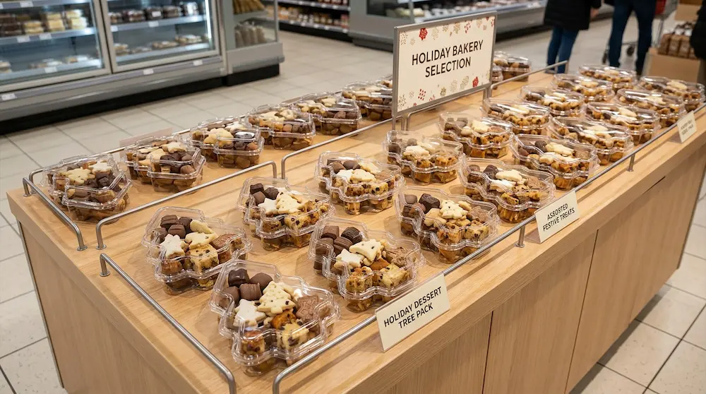 Clear PET Christmas tree candy boxes arranged on a supermarket holiday bakery island display