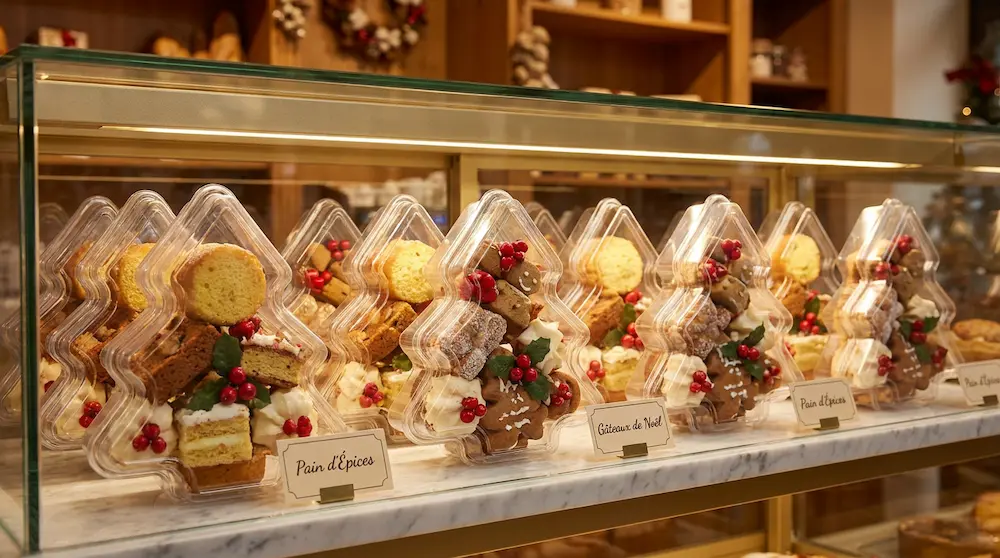 Clear PET Christmas tree shaped candy boxes displayed in a European bakery glass case