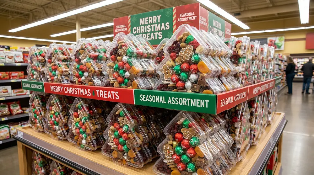 Clear PET Christmas tree candy boxes used for supermarket holiday endcap display