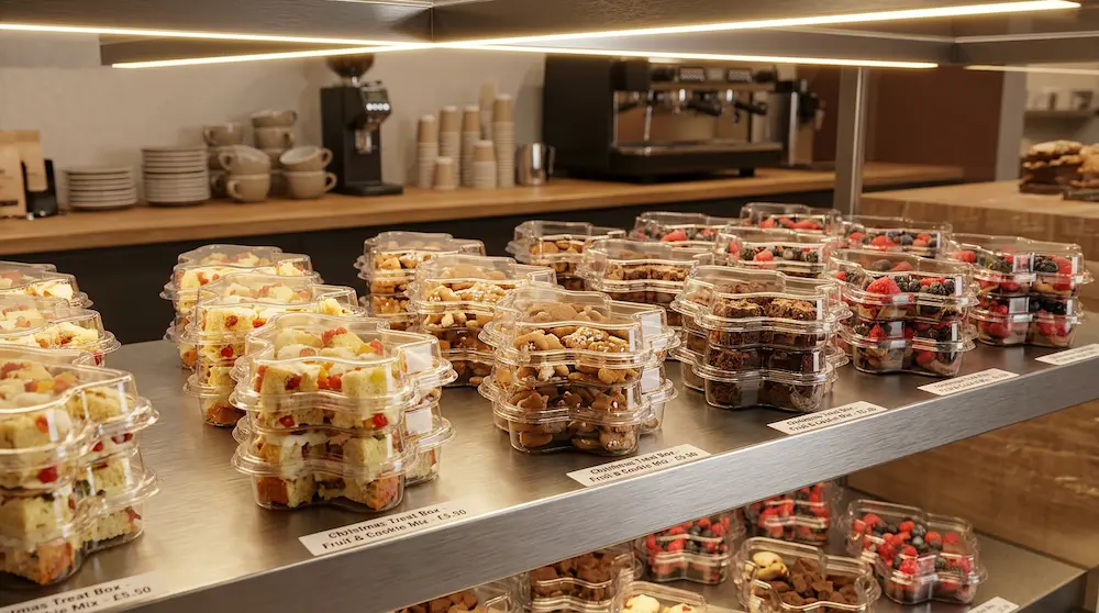 Clear PET Christmas tree sweet containers with cakes, cookies, brownies, and berries in a bakery café display