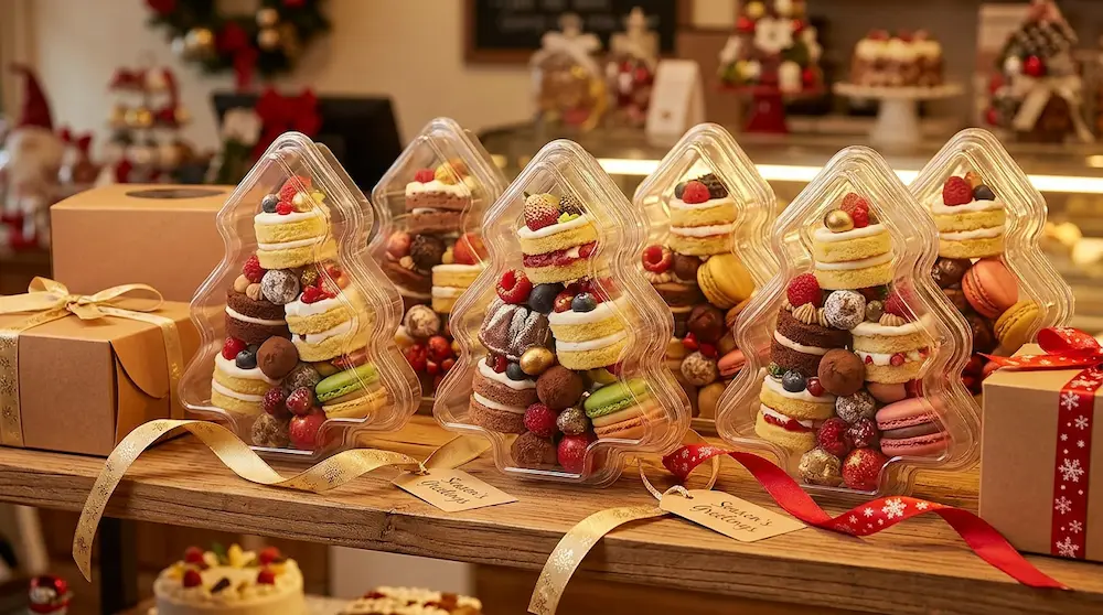 Clear PET Christmas tree sweet containers filled with cakes, macarons, berries, and holiday desserts