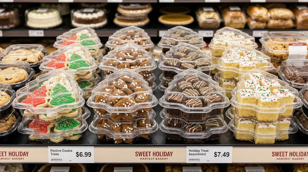 Clear PET Christmas tree sweet containers for holiday cookies on a supermarket bakery shelf