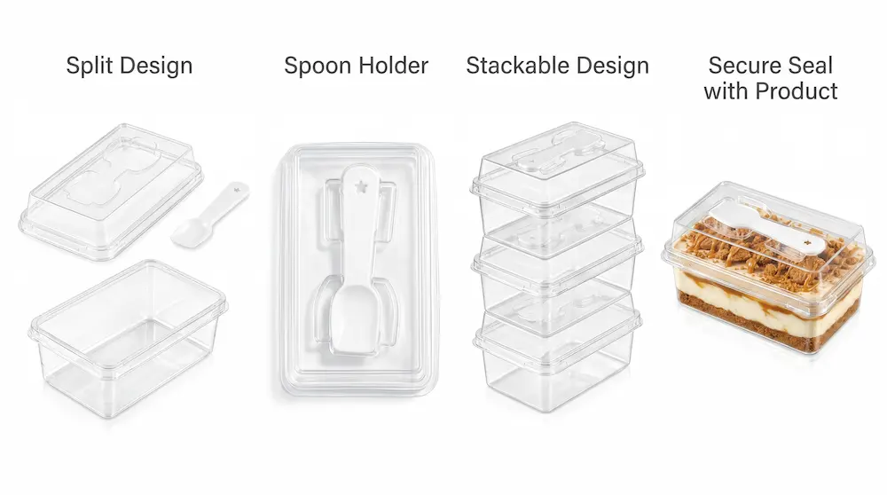 Clear PET two-piece dessert container with split design spoon holder stackable structure and secure seal